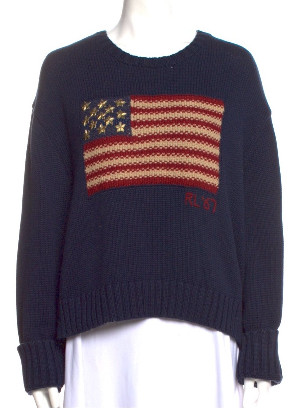RALPH LAUREN VTG AMERICAN FLAG NAVY BLUE COTTON SWEATER BEADED GOLD STARS RARE!